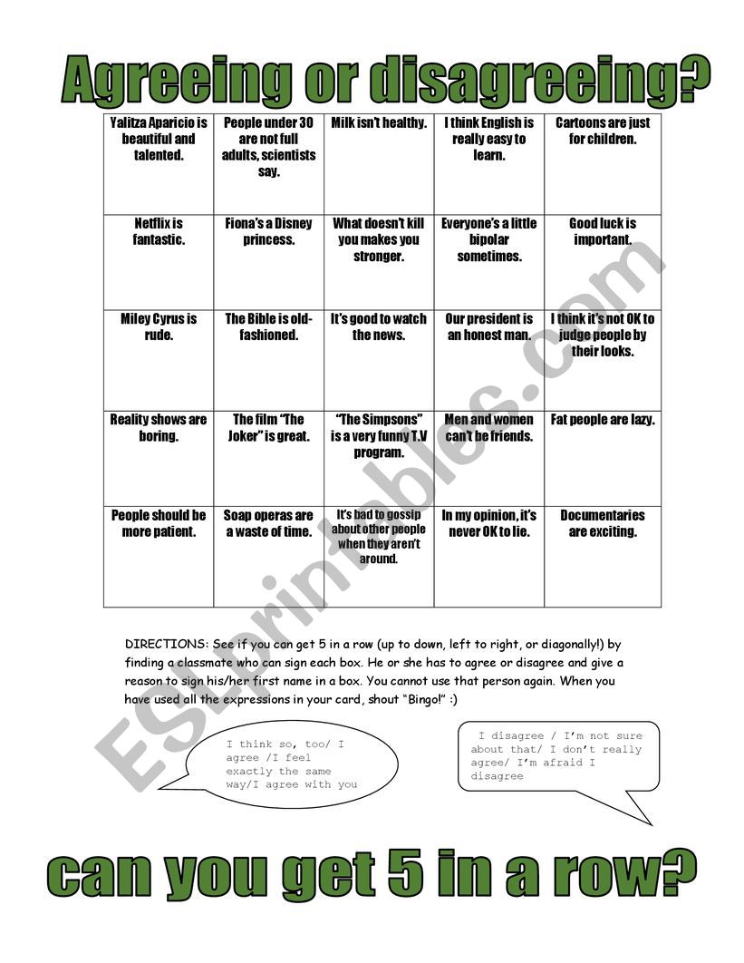 AGREEING OR DISAGREEING worksheet