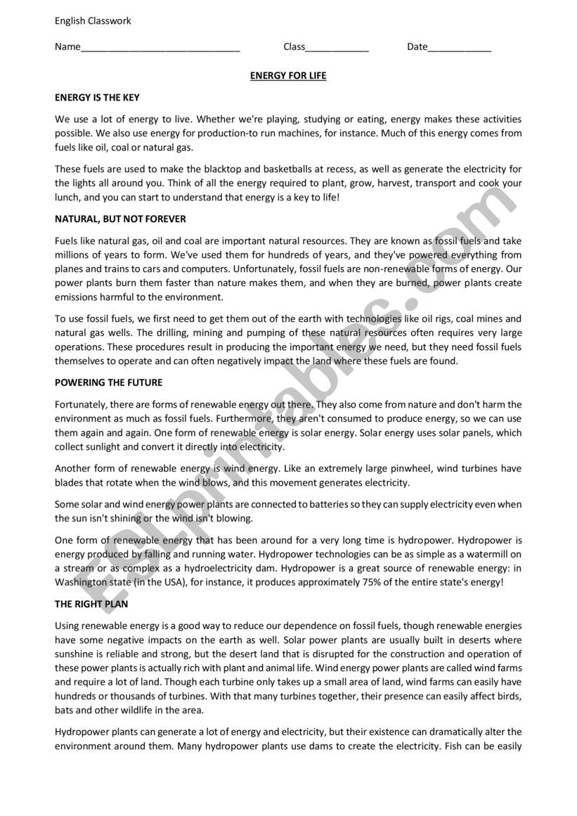 RENEWABLE ENERGY worksheet