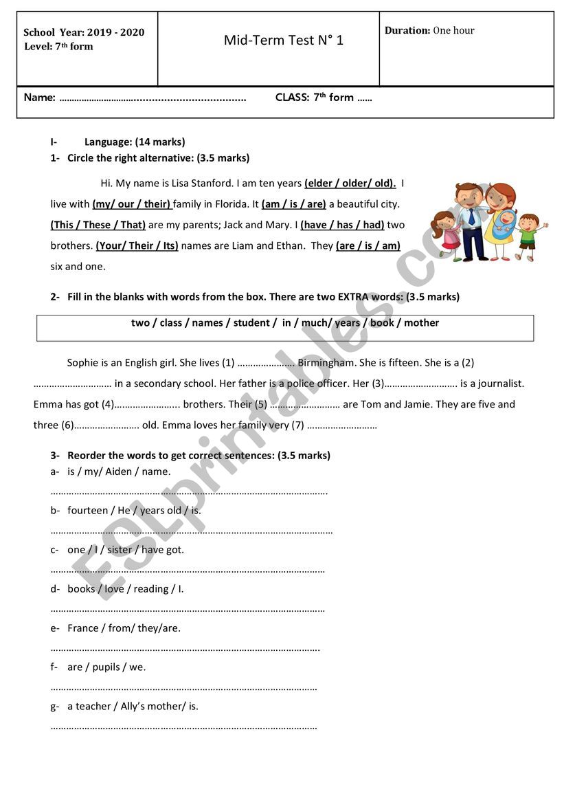 Mid-term test 1 7th form worksheet