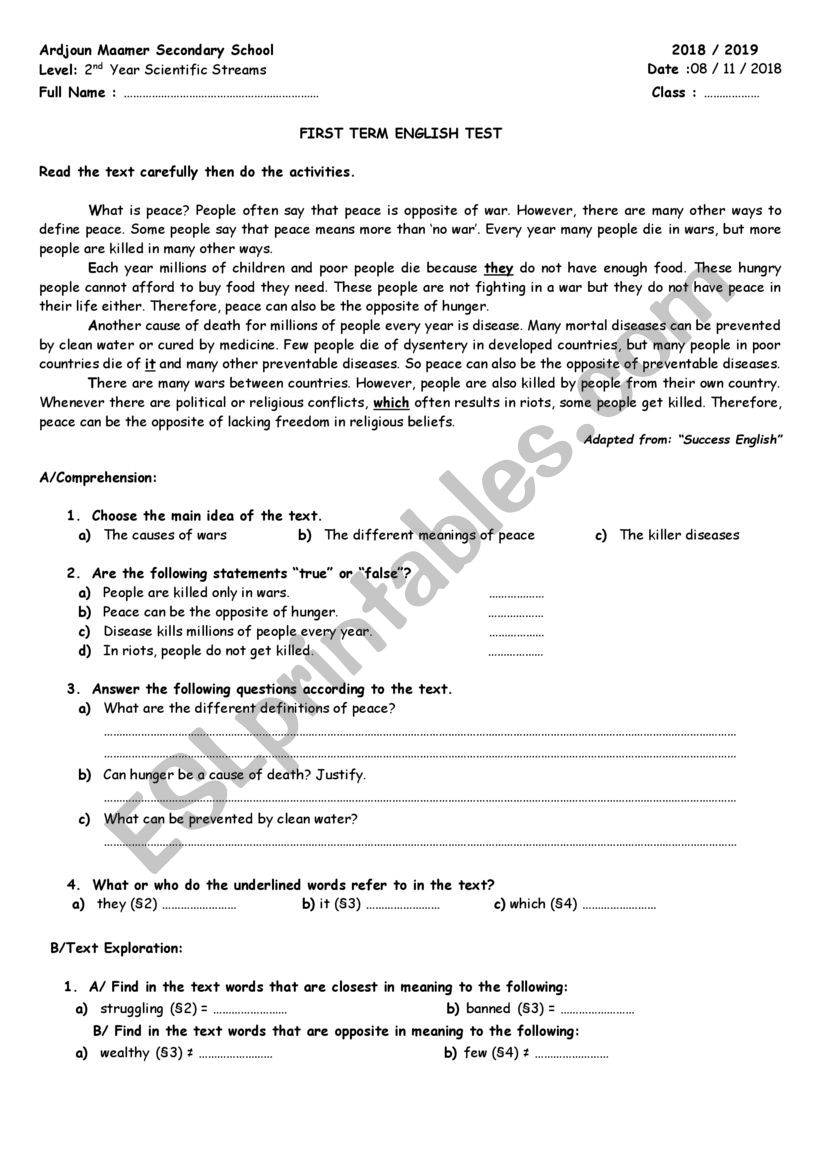 make peace test worksheet