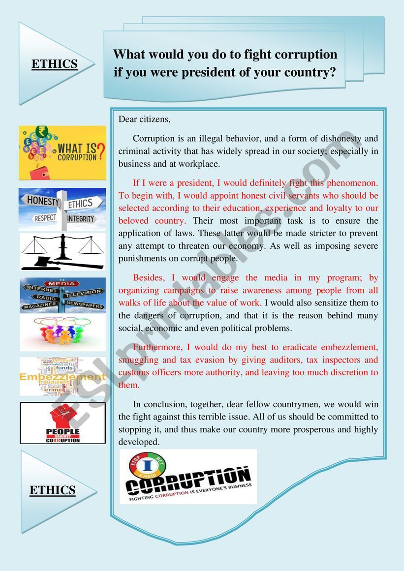 fighting corruption essay ESL worksheet by wise k