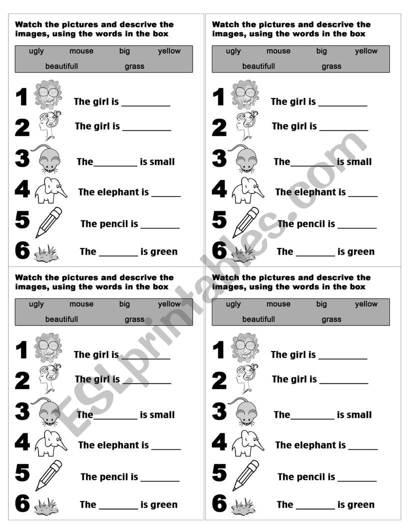 Super simple adjectives 1/4 worksheet