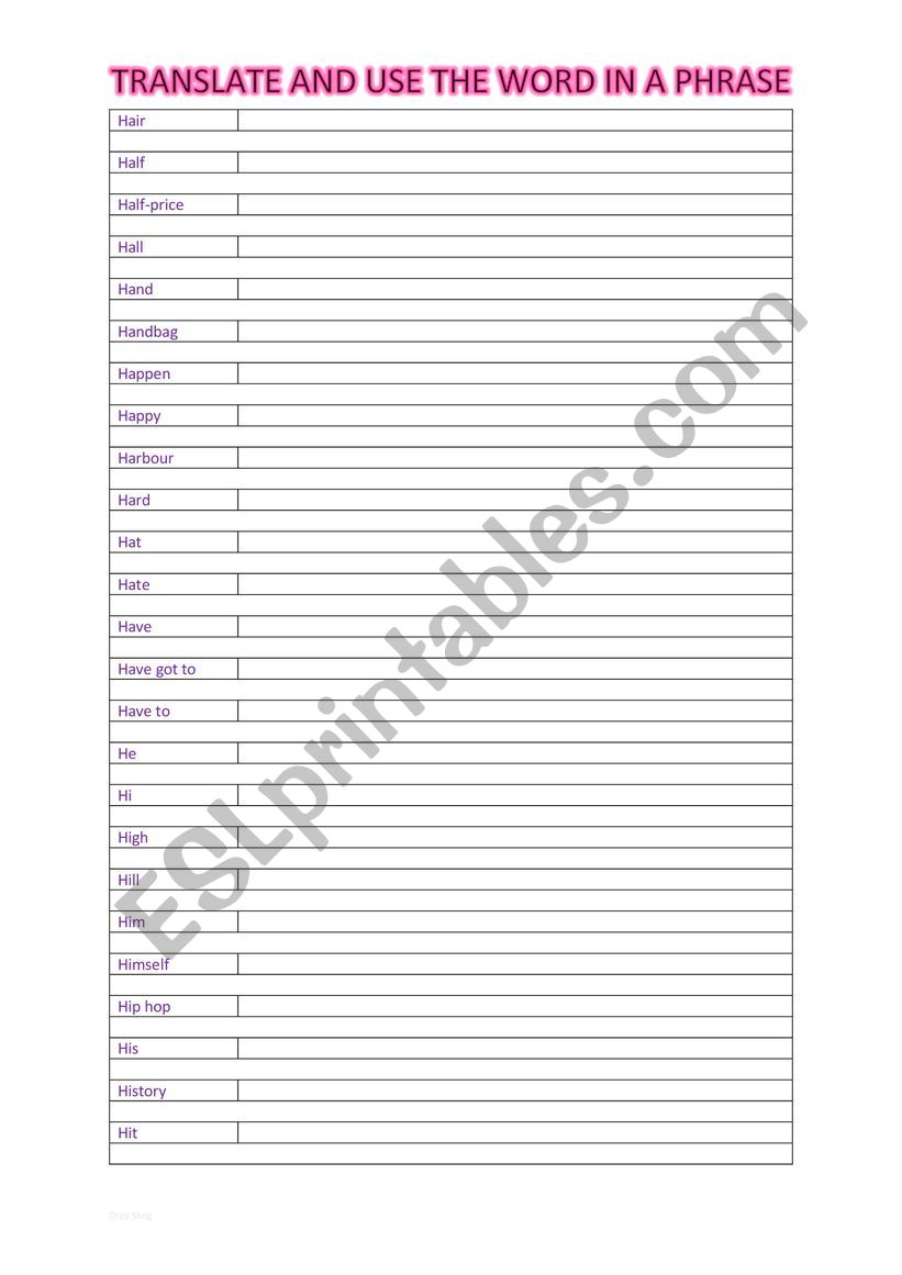 A2 Vocabulary chart (H) worksheet