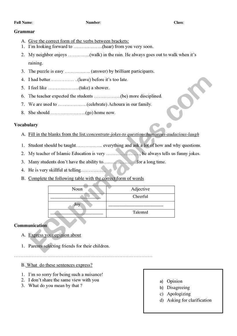 exam worksheet