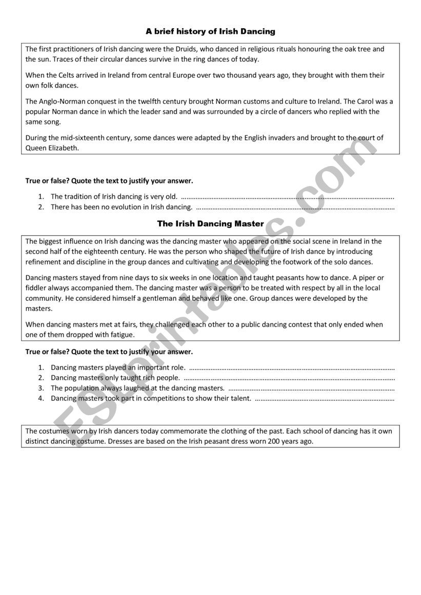 Irish dancing worksheet