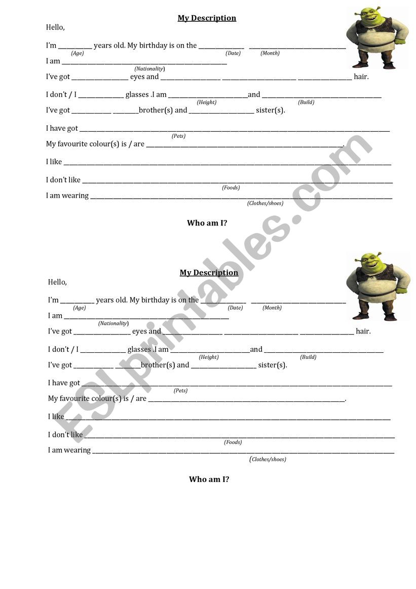 Physical description worksheet