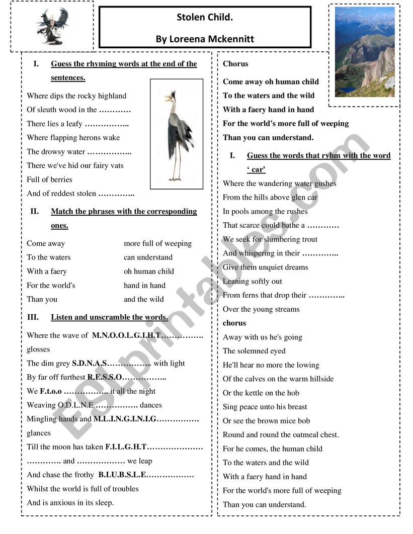 stolen child.  worksheet