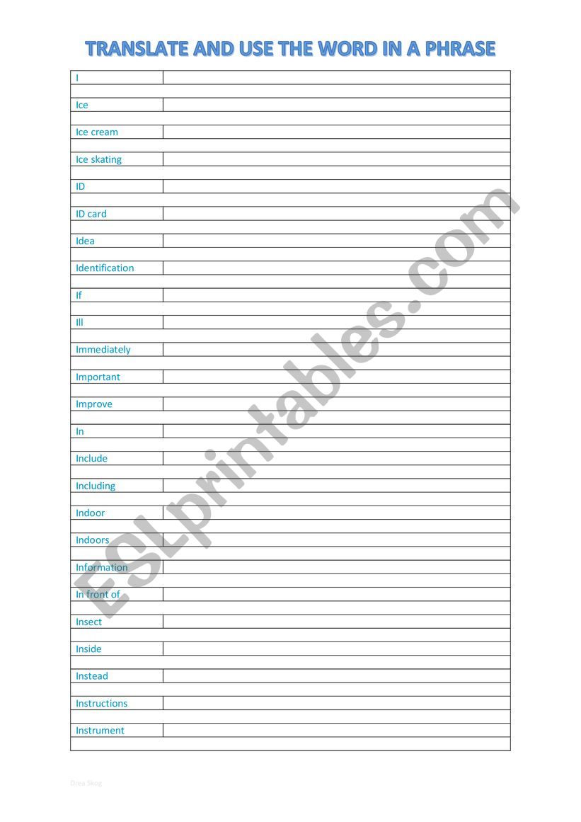A2 Vocabulary chart (I) worksheet