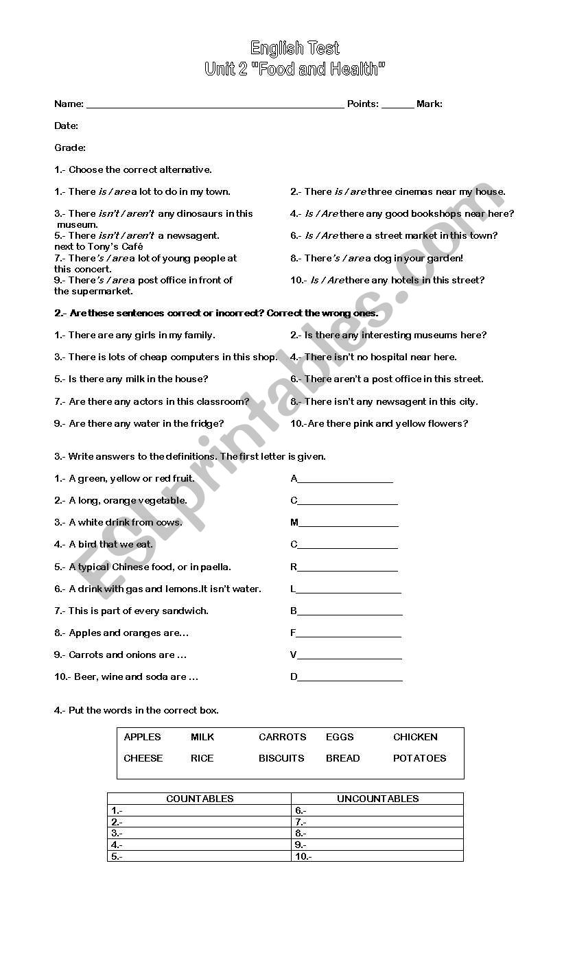 test Food and health worksheet