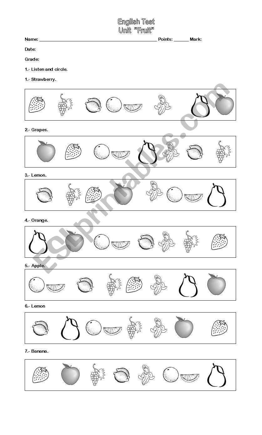 Test fruits worksheet