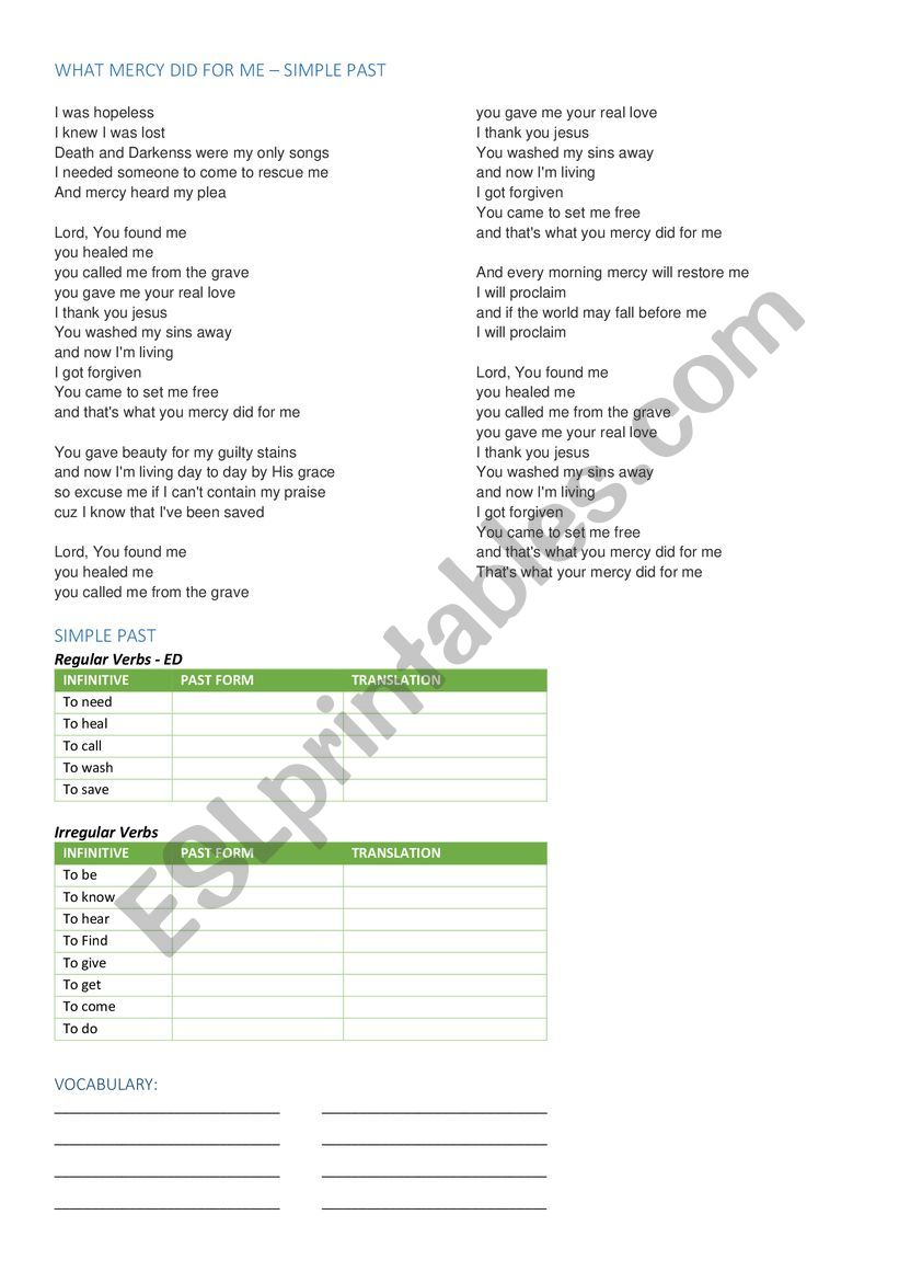 Song What mercy did for me  - Simple Past Practice 