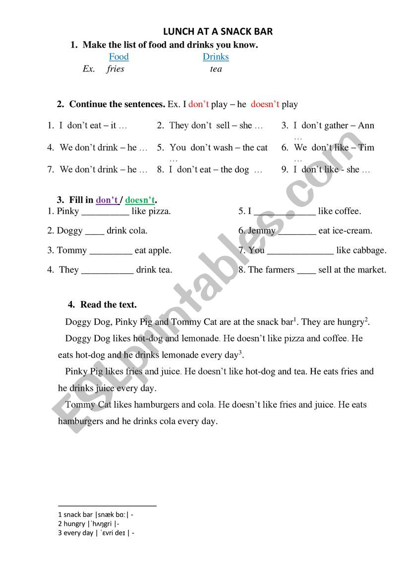 Lunch at the Snack Bar worksheet