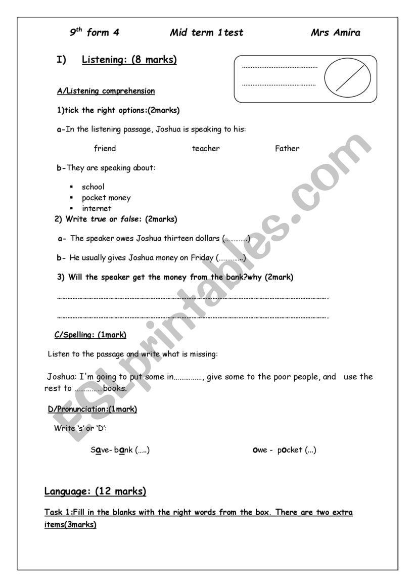 mis term 1 test 1 (9th) worksheet