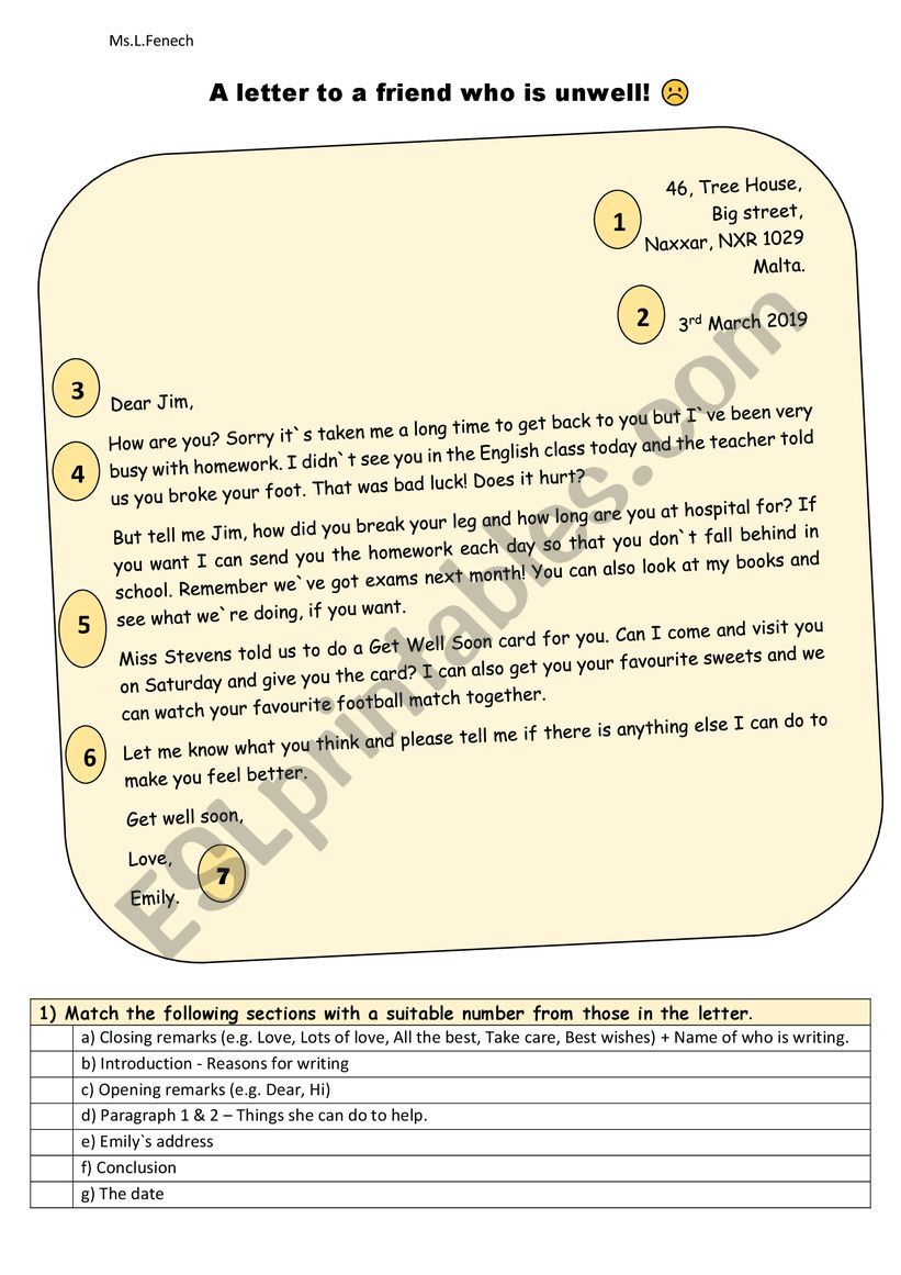 A letter to an unwell friend worksheet