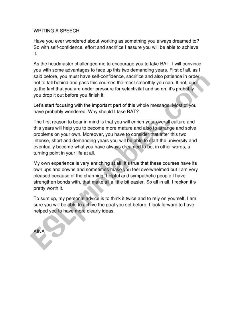 EXAMPLE OF A SPEECH worksheet