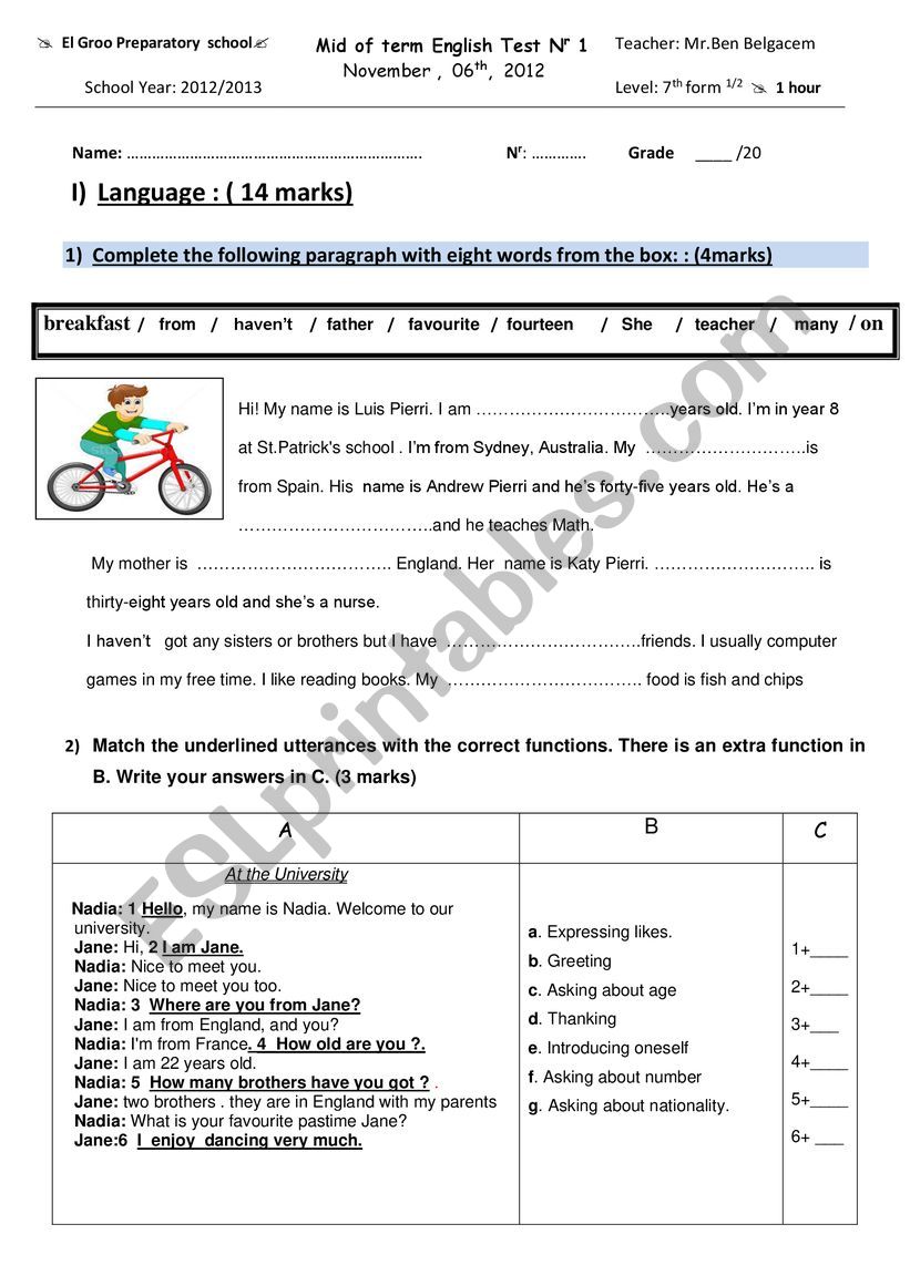 mid term test 1 for 7th form worksheet