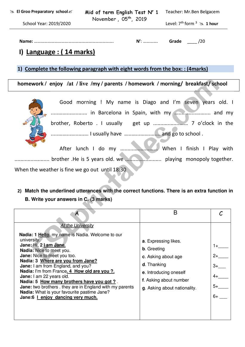 mid term test 1 for 7th form worksheet