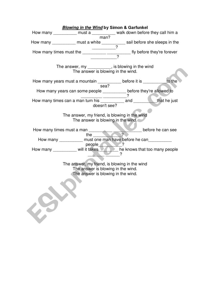 SONG: BLOWING IN THE WIND worksheet