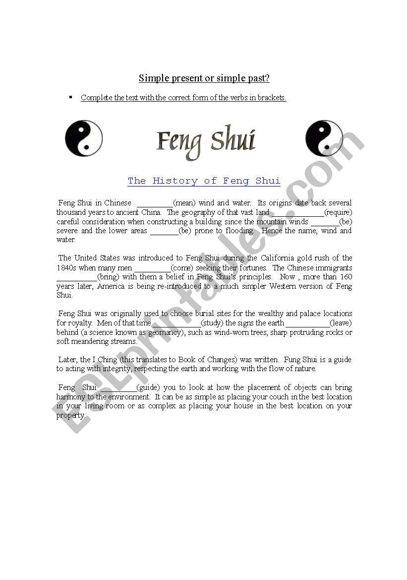 The history of Feng Shui worksheet