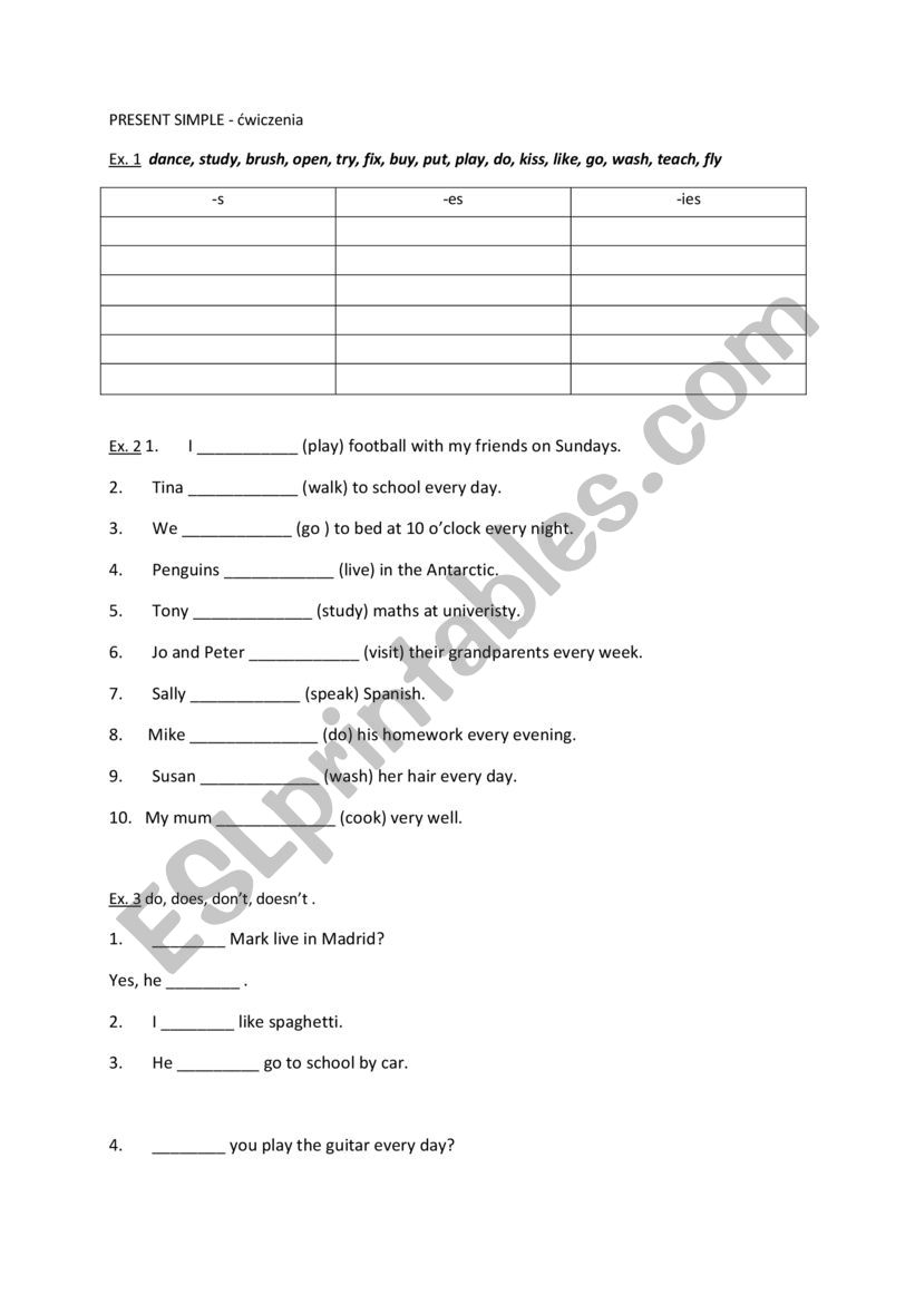 PRESENT SIMPLE EXERCISES worksheet