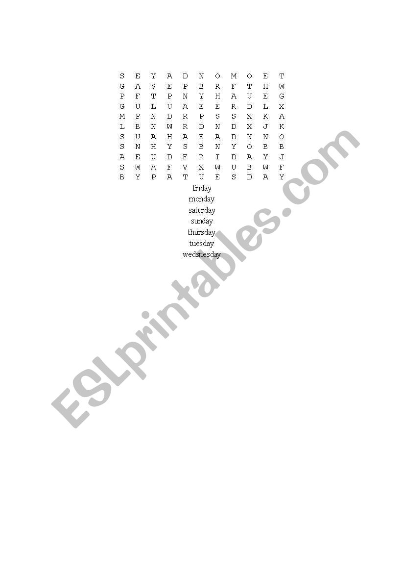 days of the week worksheet