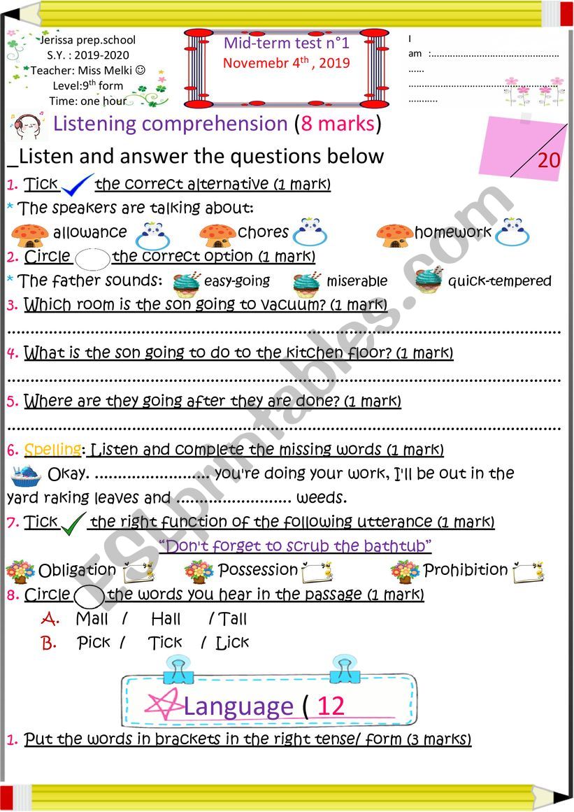 9th form mid-term test N1 worksheet