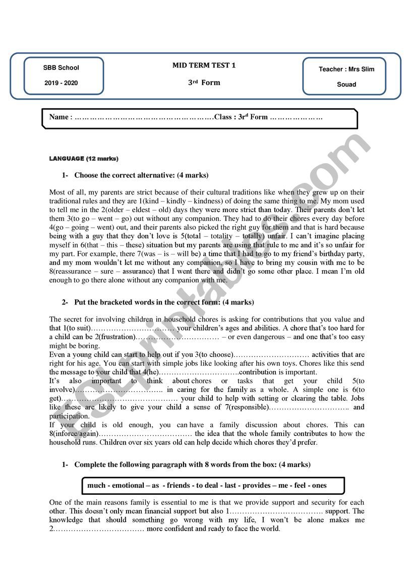 3rd FORM MID TERM TEST 1 TUNISIAN PROGRAM