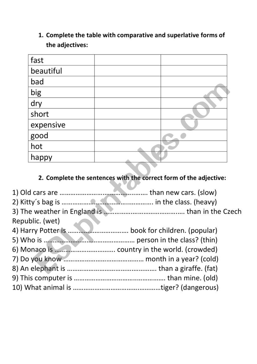 Comparison of adjectives worksheet