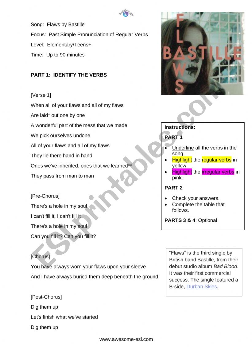 Flaws by Bastille Pronunciation Worksheet, Dictionary Work & Webquest