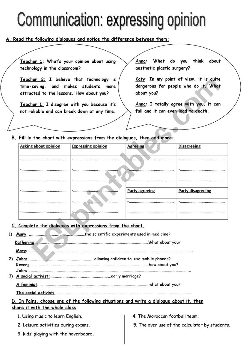 Expressing opinion worksheet