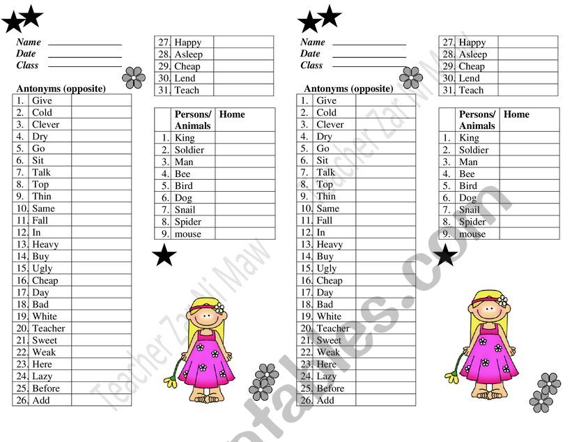 Antonyms and different Homes worksheet
