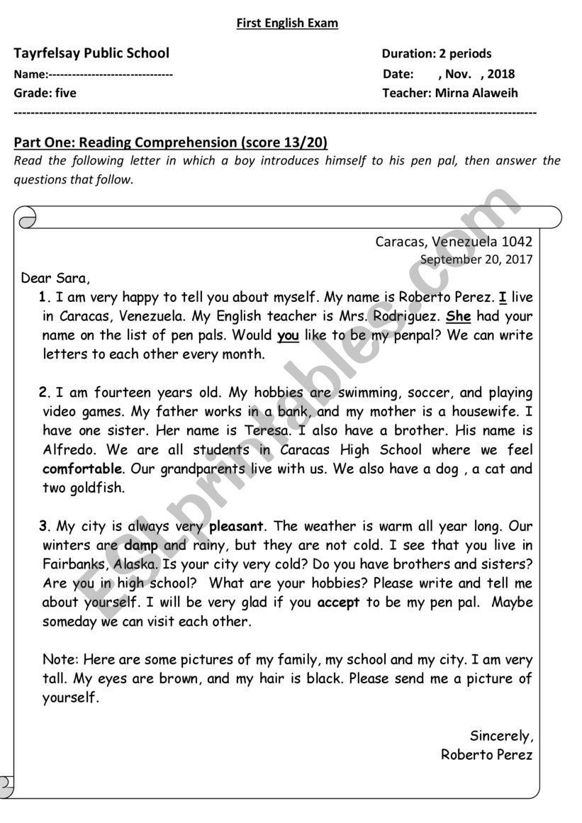 A letter to a Pen Pal worksheet