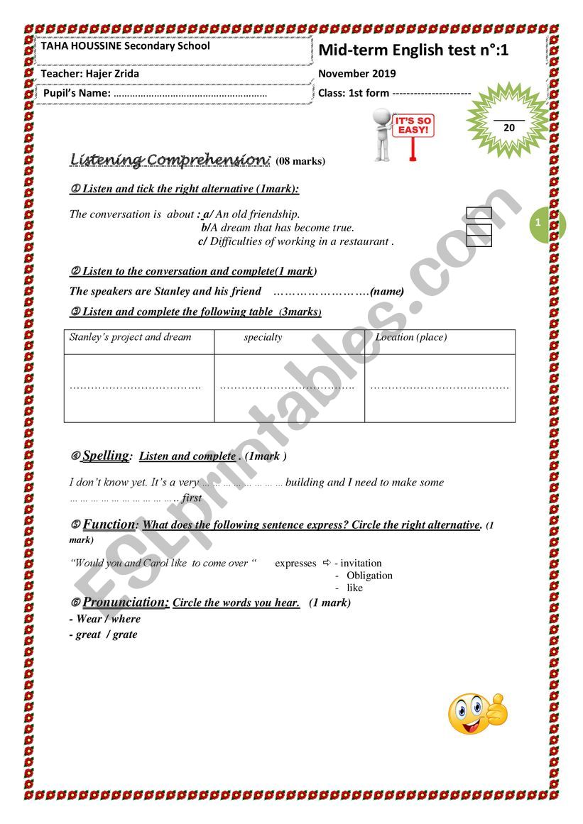 mid term test N1 first form worksheet