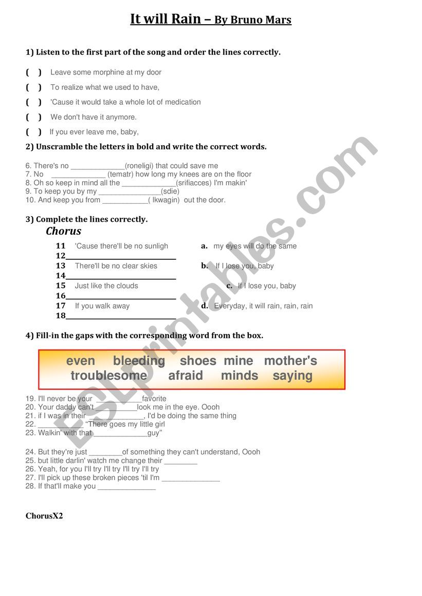 It Will Rain - By Bruno Mars worksheet