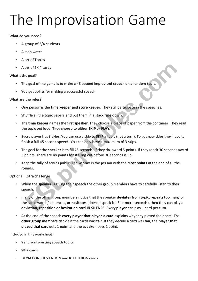 Improvisation games - speech worksheet