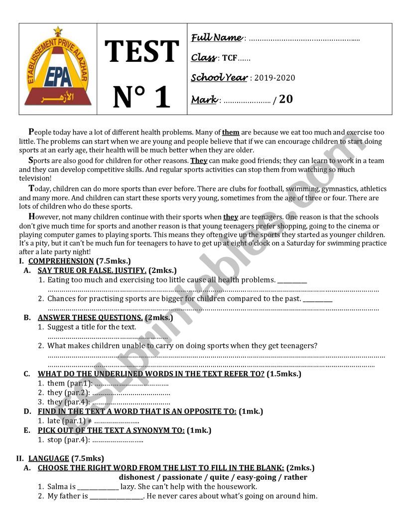 TEST 1 COMMON CORE TEXTBOOK  SOLUTIONS PRE-INTERMEDIATE