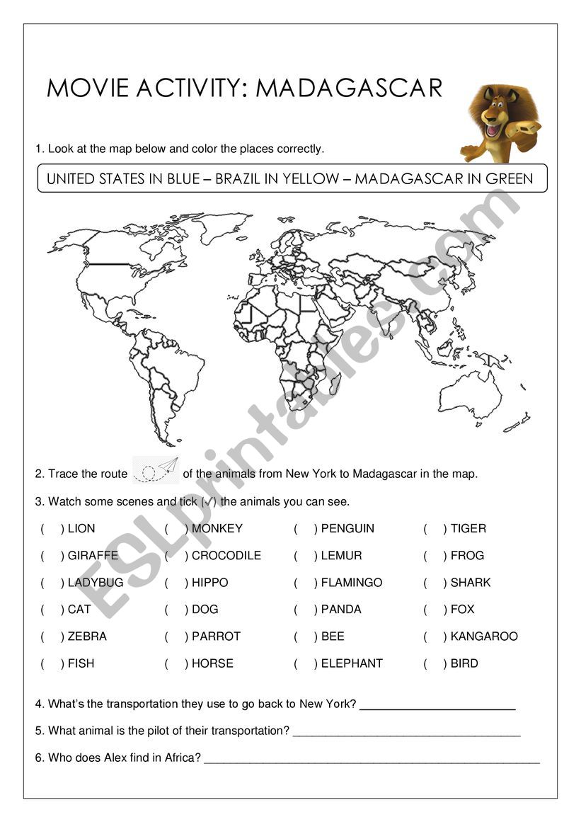 MADAGASCAR 2 MOVIE ACTIVITY worksheet