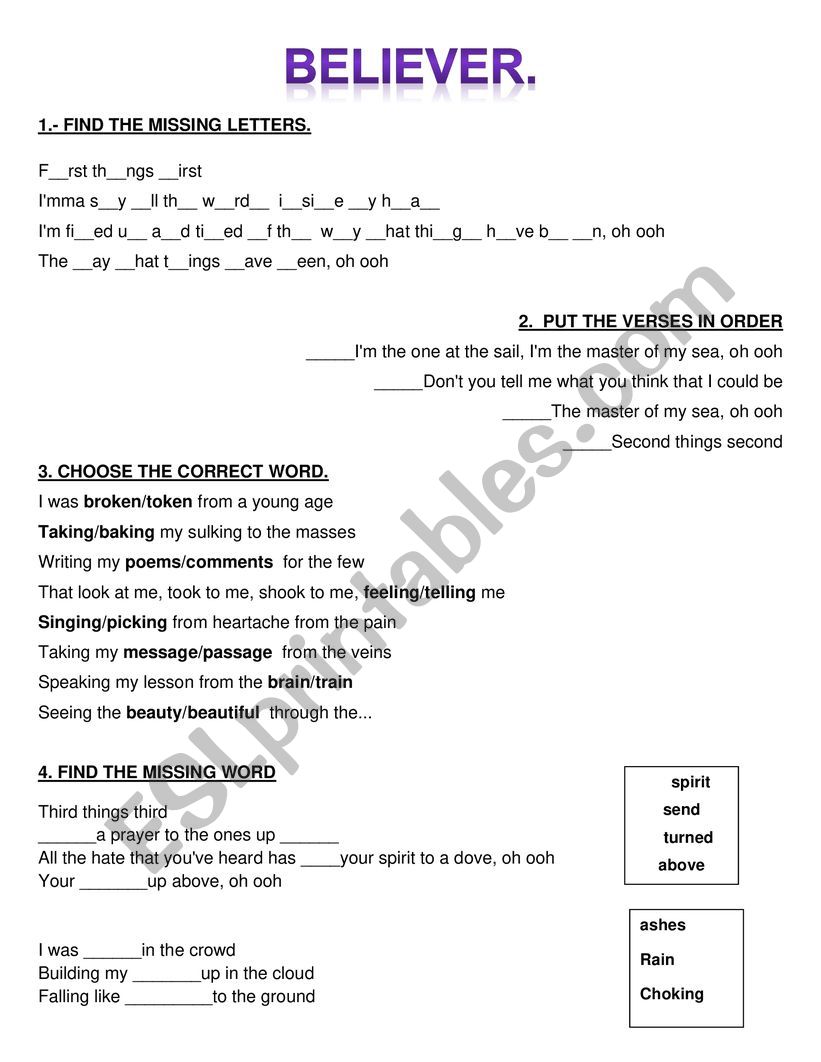 BELIEVER.  worksheet