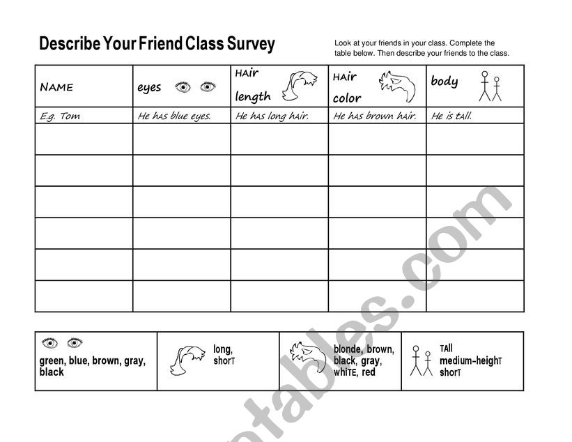 Describe your friend worksheet