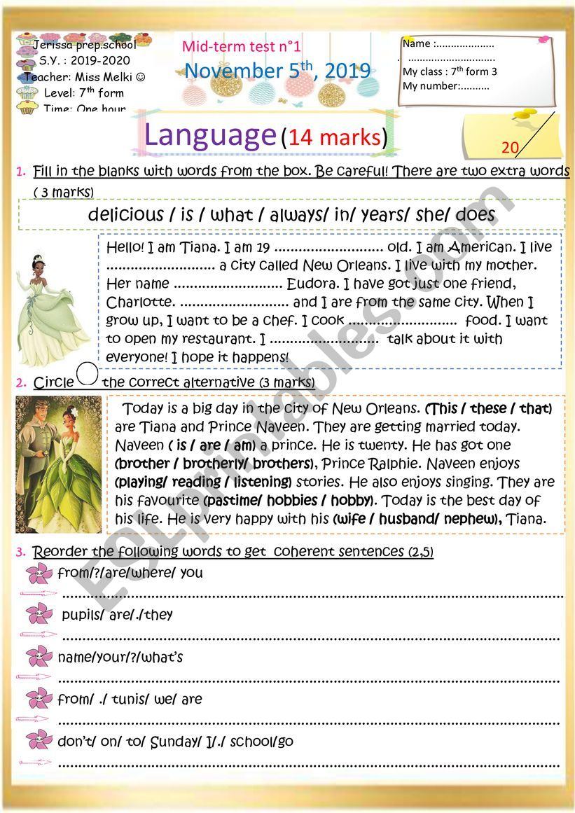 7th form mid-term test N1 worksheet