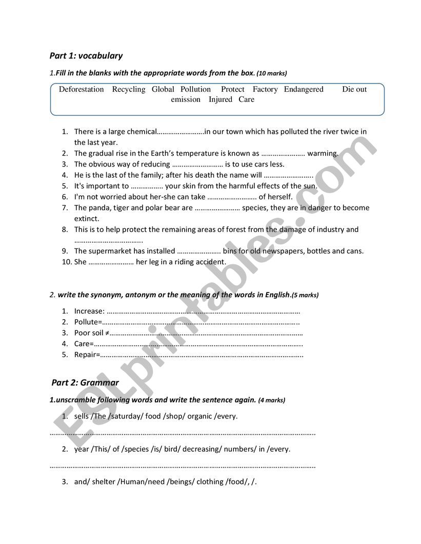 environmental exam worksheet