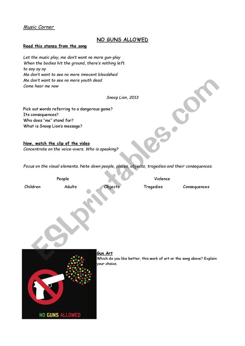 No guns allowed worksheet