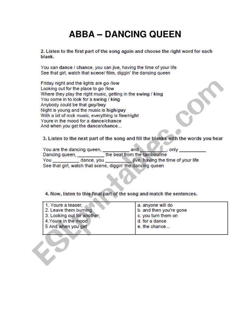 SONG: DANCING QUEEN - ESL worksheet by yaluf