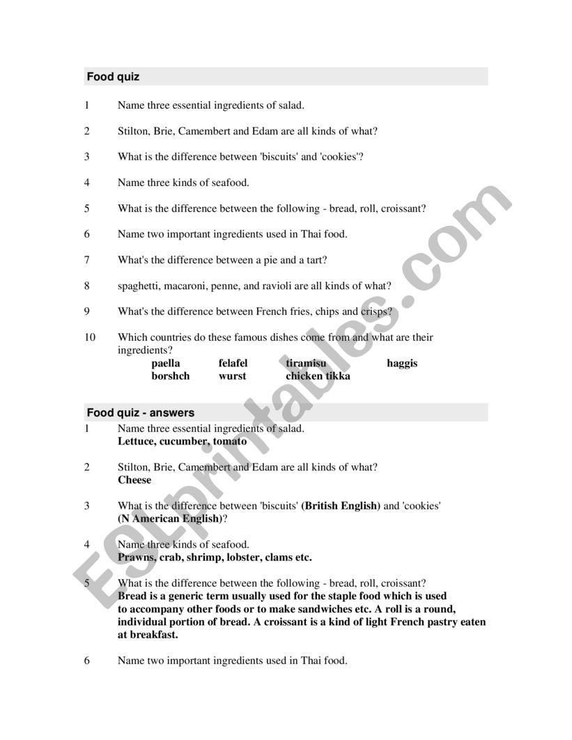 food worksheet
