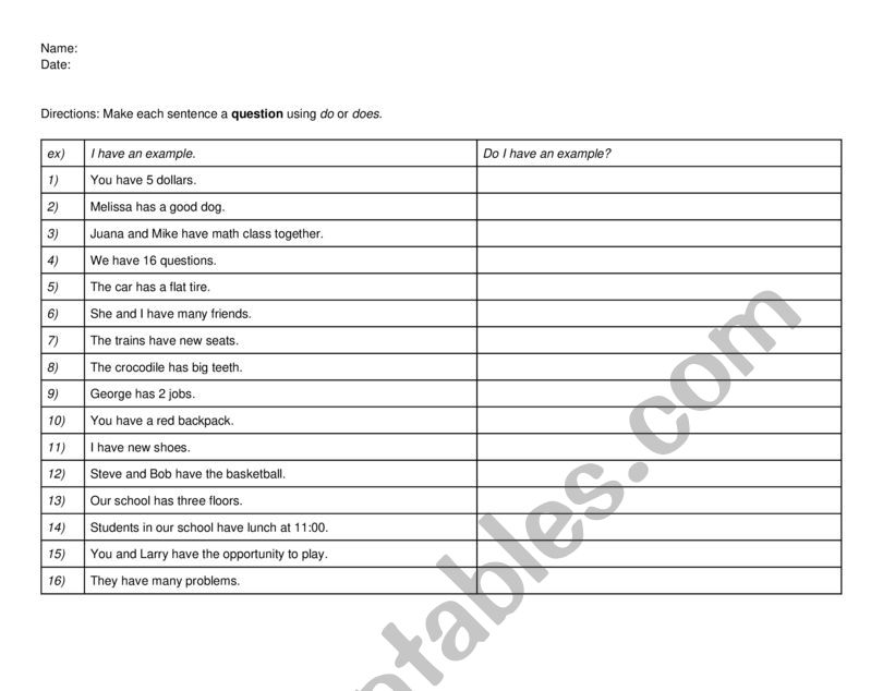 Making Questions with Have worksheet