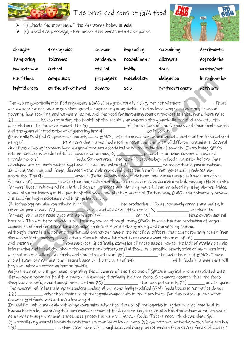 The pros and cons of GM food. worksheet