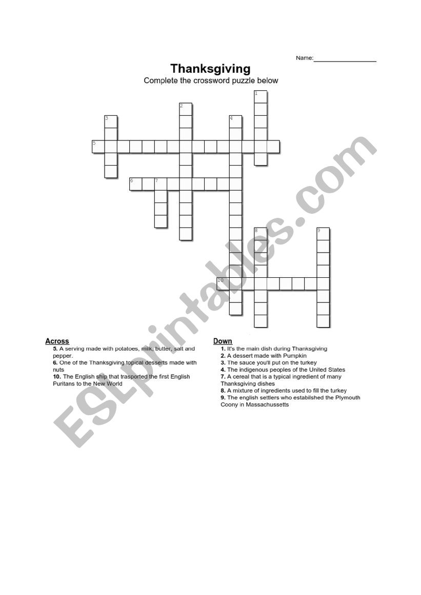 A Thanksgiving Crossword worksheet