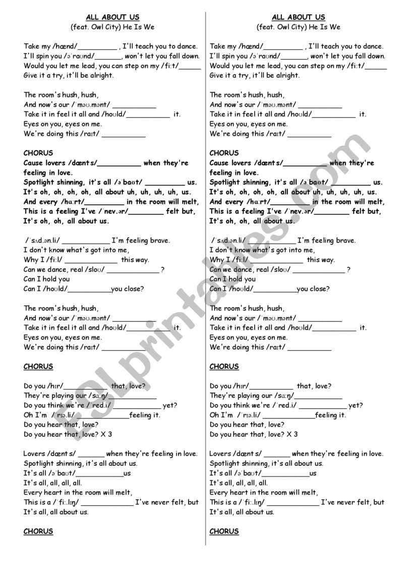 Song Activity - All about us worksheet