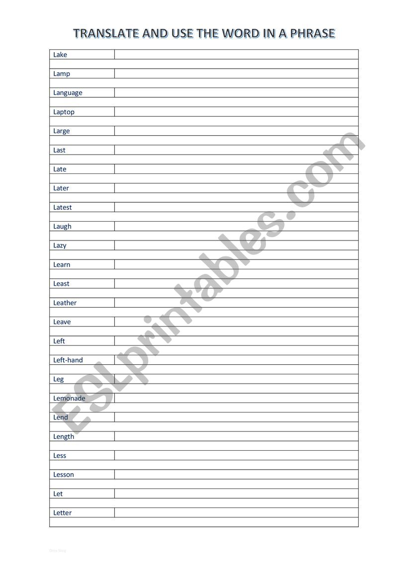 A2 Vocabulary chart (L) worksheet
