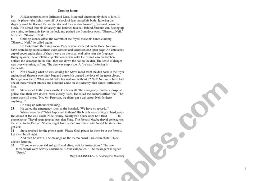 Coming Home worksheet